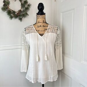 Garnet Hill Lace-Shoulder Poet Organic Cotton Ivory Blouse